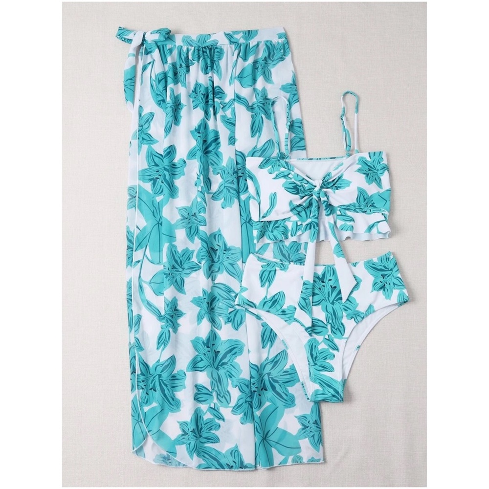 Boho Tropical Floral Print High Waist Bikini Cover up set - Picture 3 of 12